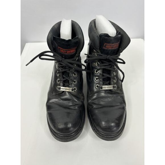Harley Davidson Lace Up Ankle Boots Black Leather 11.5 Lug Sole Pewter Logo - Picture 2 of 11